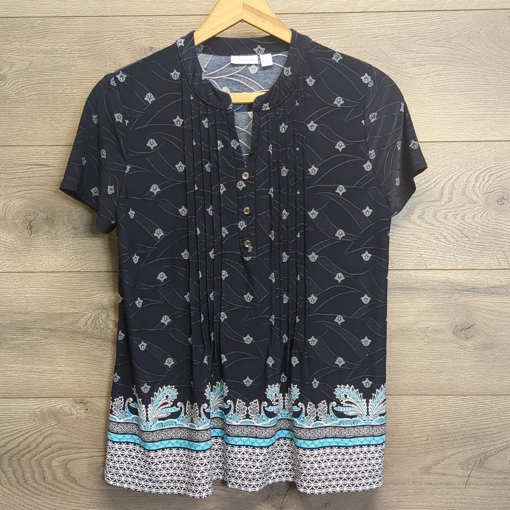 Croft & Barrow Women’s Blouse Size Small Blue Multi Print Short Sleeve Top